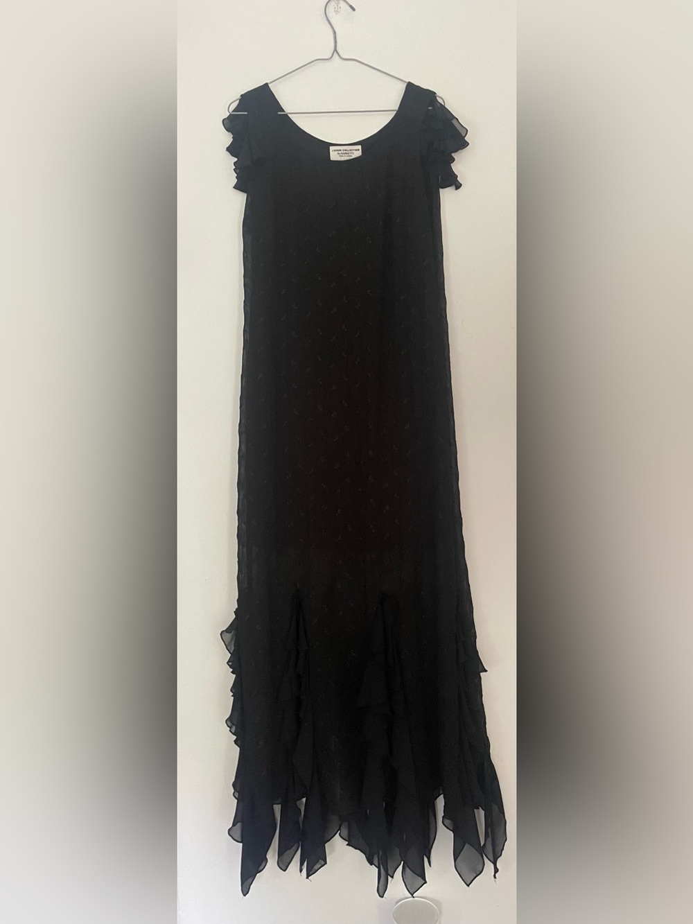 vintage barketti J.Kaur Black Ruffle Hem Evening Dress Sheer Floral Formal Gown - Picture 4 of 10